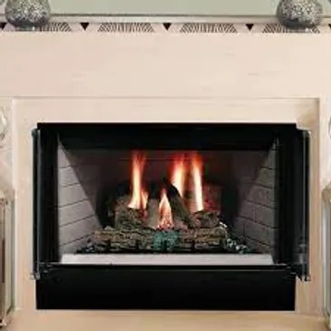 Prefab fireplace system with fire and cream colored surround