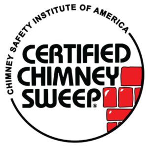 a round CSIA Certified Chimney Sweep logo with red bricks on the side